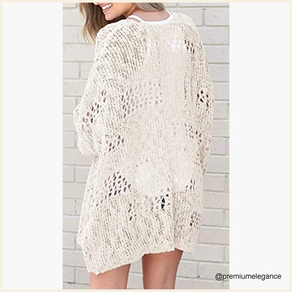 Oversized Crochet Cardigan Kimono Boho Long Sleeve Lightweight Knit Sweater - Picture 3 of 7